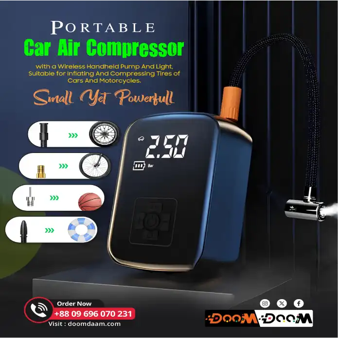 A Portable Car Air Compressor with a Wireless Handheld Pump And Light, Suitable for Inflating And Compressing Tires of Cars And Motorcycles.